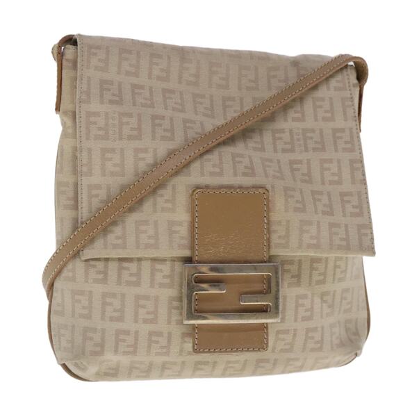 FENDI Zucchino Canvas Shoulder Bag Beige Gold - Picture 1 of 12